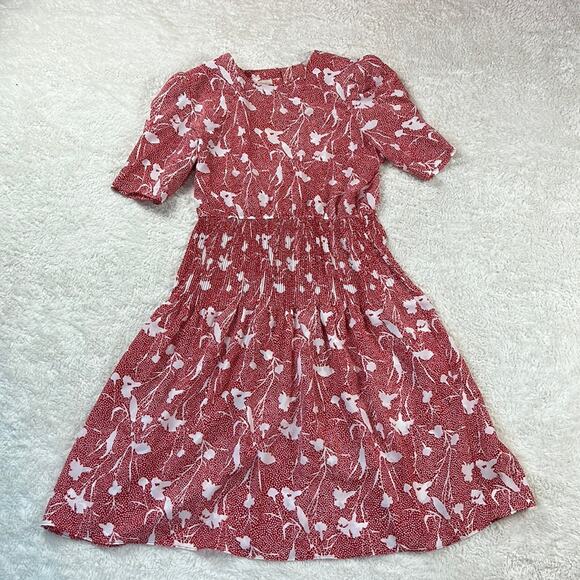 Vintage Luci Pellini red and white floral patterned midi secretary day dress 16P - Picture 1 of 9